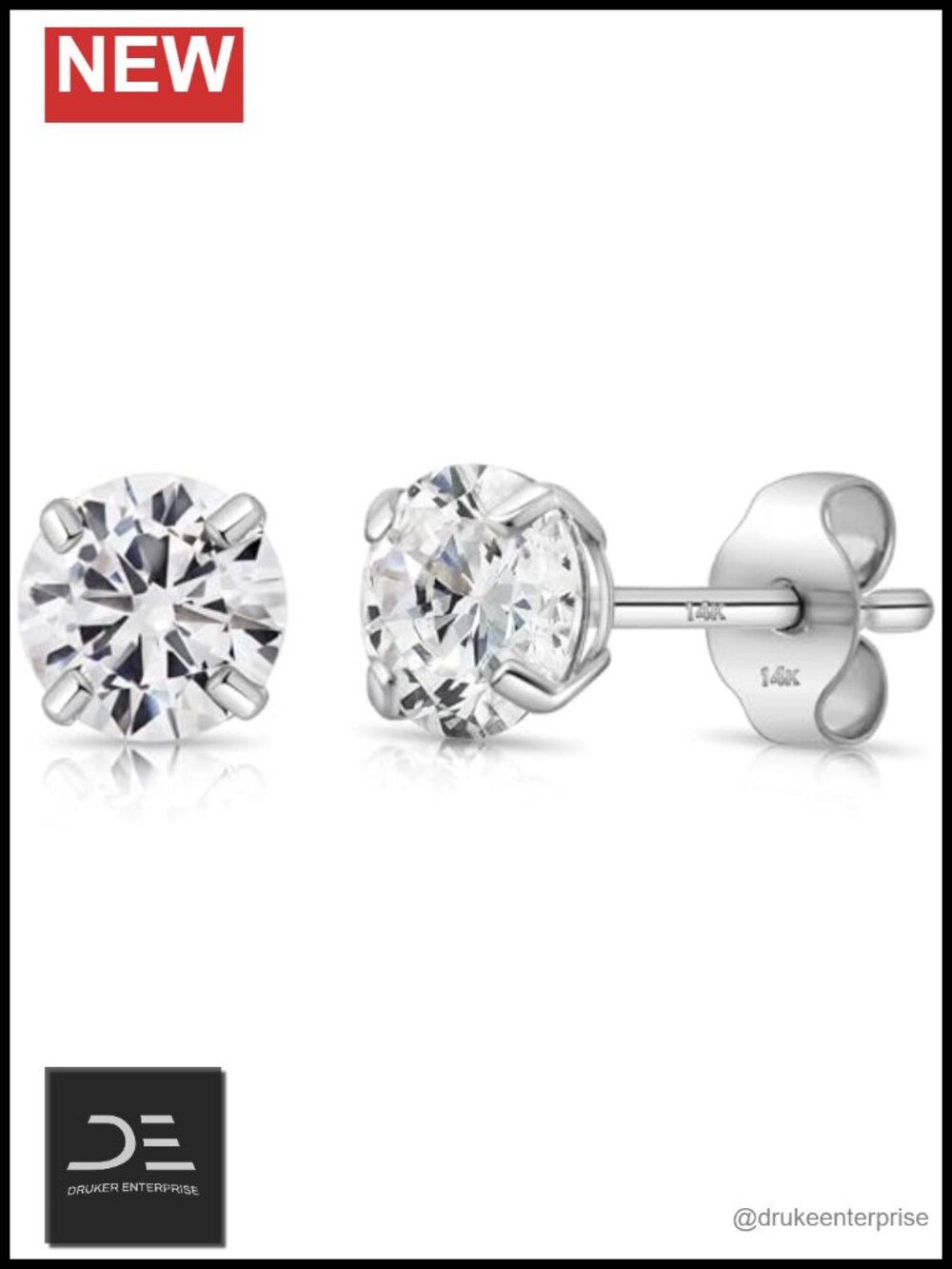 14K White Gold Cubic Zirconia Stud Earrings Round Solitaire